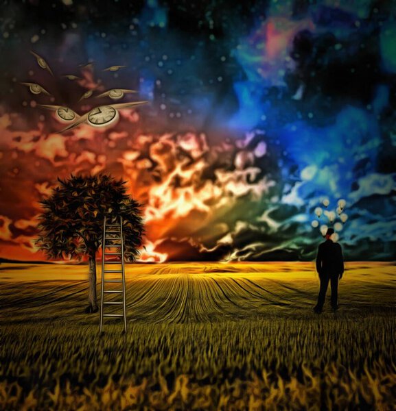 Man in surreal landscape. Winged clock represents flow of time. 3D rendering