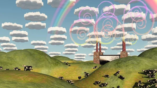 Surreal Pasture Factory Landscape — Stock Photo, Image