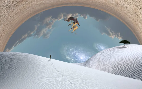 Desierto Surrealista Árbol Verde Duna Arena Figura Del Hombre Distancia — Foto de Stock