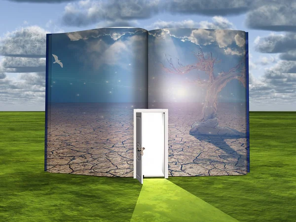 超现实主义 荒地上开着的门和老树的书 — 图库照片