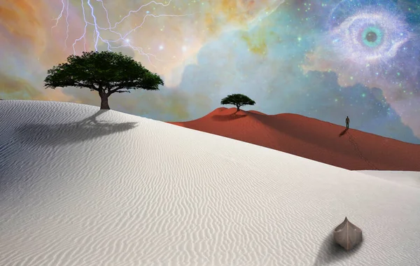 Weiße Wüste Boot Grüne Bäume Und Menschengestalt Der Ferne Sternenhimmel — Stockfoto