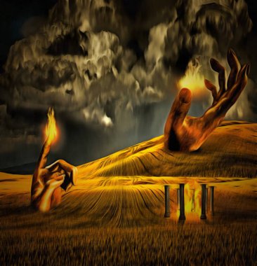 Gerçeküstü resim. Tarlada alevli dev eller, antik ateş tapınağı..