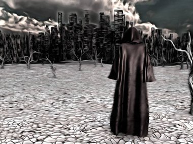 Gerçeküstü resim. Kurak topraklardaki ıssız şehrin önünde pelerinli bir figür duruyor..