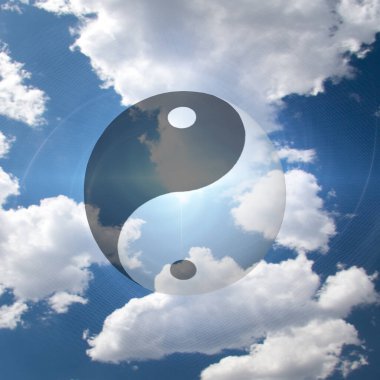 Bulutlarda Yin Yang Sembolü. 3B görüntüleme