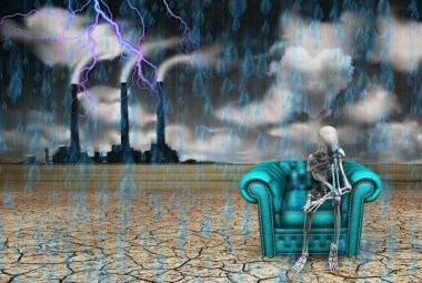 Skeleton and factory with rain pouring and heart shaped cloud