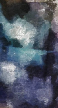 Çoğunlukla soluk mavi renkte soyut resimler.