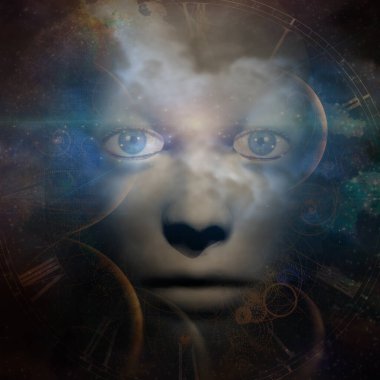 Sepya içinde elleri ve evreni olan insan yüzü