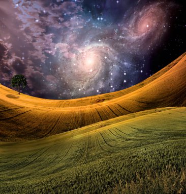 Dramatik gökyüzü ile huzurlu bir manzara. 3B görüntüleme