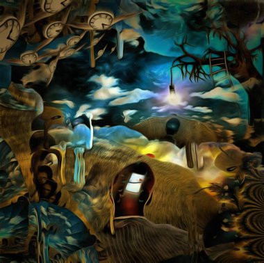 Gerçeküstü resim. Kafasında penceresi açık bir adam. Dalında ampul olan yaşlı bir ağaç. Kanatlı saatler zamanın akışını temsil eder. 3B görüntüleme