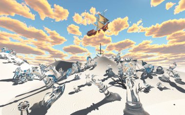 Satranç tahtası çöl kumulunda yelkenli gemi arması