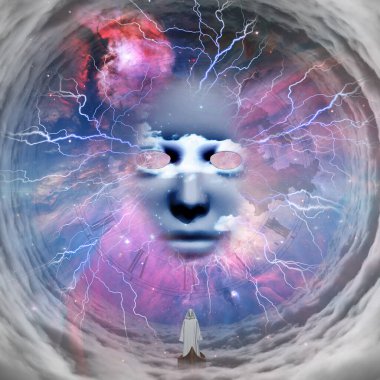 Tanrı 'nın yüzüne süzülen beyaz cübbeli bir figür.