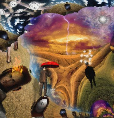 Sürrealizm. Erkeklerin kafaları farklı düşüncelerle dolu. Takım elbiseli adam sahada duruyor. Kırmızı şemsiyeli bir adam daha. Tanrı 'nın Gözü. Başka boyutlar. Kanatlı saatler zamanın akışını temsil eder..