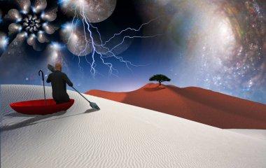 Gerçeküstü resim. Beyaz çölde yüzen kırmızı şemsiyeli adam. Ufukta yeşil ağaç görünüyor. Çoklu katmanlı alanlar sonsuz boyutları temsil eder.