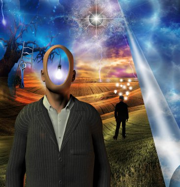 Karmaşık sahnede yüzü olmayan figür