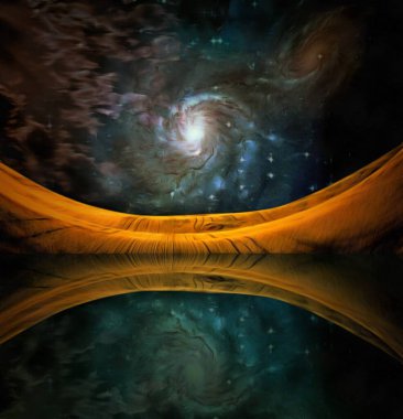 Gerçeküstü resim. Galaksiler suya yansıyor. 3B görüntüleme