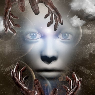 Sepya içinde elleri ve evreni olan insan yüzü