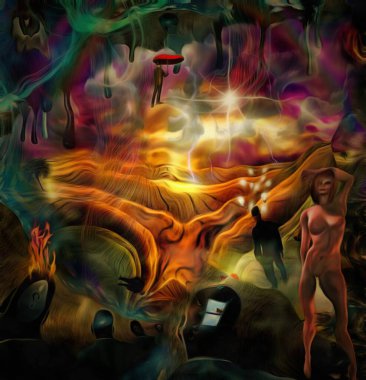 Karmaşık gerçeküstü resim. Çıplak kadın. Erkekler kafaları farklı düşünceleri ile. Başının etrafında ışık ampuller ile işadamı alanında duruyor. Tanrı'nın gözü. Adam kırmızı şemsiye ile gökyüzünde uçuşu.