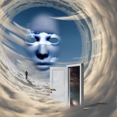 Beyaz kapı, Tanrı 'nın yüzü, bulutların üzerinde yürüyen adam.