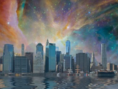 New York. Manhattan manzaralı. Gerçeküstü bir gökyüzü. 3B görüntüleme