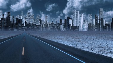 Desert Road leads to city. 3D rendering