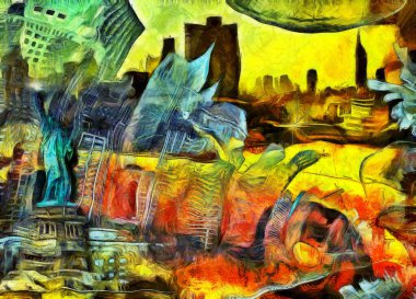 Gerçeküstü resim. New York taksisi. Özgürlük Heykeli.