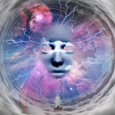 Tanrı 'nın yüzüne süzülen beyaz cübbeli bir figür.