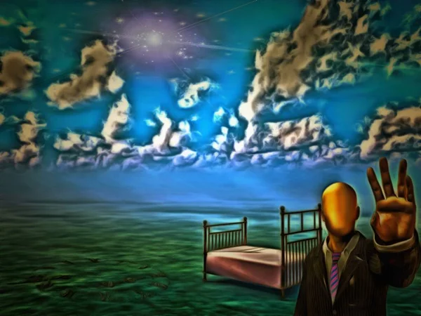Malarstwo Surrealistyczne Człowiek Bez Twarzy Ostrzega Nas Puste Łóżko Niebo — Zdjęcie stockowe