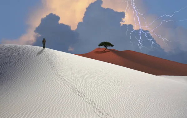 White Desert Lightning Sky Green Trees Figure Man Distance — Stock Photo, Image
