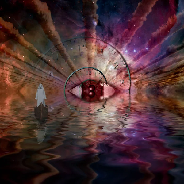 Figur Weißem Gewand Die Weltraumtunnel Vor Gottes Auge Schwebt Rendering — Stockfoto