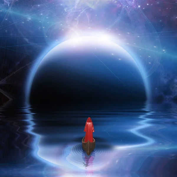 Człowiek Czerwonym Szlafroku Pływający Niebieską Planetę — Zdjęcie stockowe