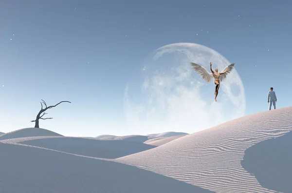 Surrealista Desierto Blanco Con Árbol Seco Luna Grande Horizonte Hombre —  Fotos de Stock