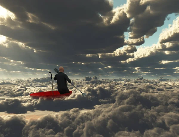 Surrealistyczny Obraz Człowiek Unosi Się Czerwonym Parasolu — Zdjęcie stockowe