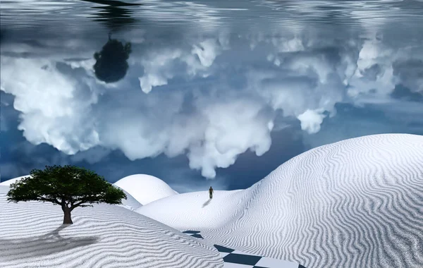 Surreale Deserto Bianco Albero Verde Una Duna Sabbia Figura Dell — Foto Stock