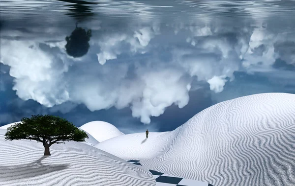 Deserto Branco Surreal Árvore Verde Numa Duna Areia Figura Homem — Fotografia de Stock