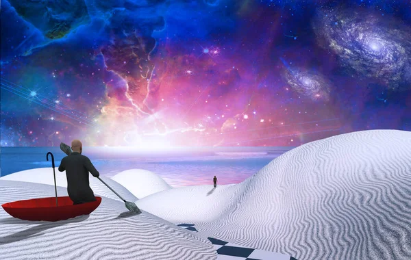 Surreal Painting Man Red Umbrella Floating White Desert Figure Man — Stock Photo, Image