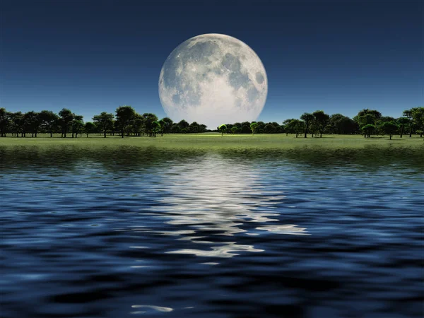 Wschód Księżyca Nad Jeziorem Renderowanie — Zdjęcie stockowe
