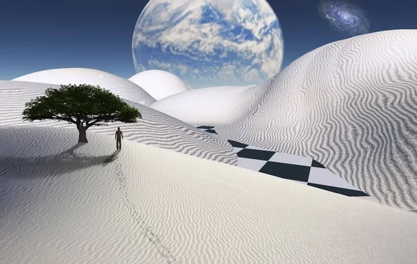 Deserto Surreal Árvore Verde Duna Areia Figura Homem Distância Lua — Fotografia de Stock