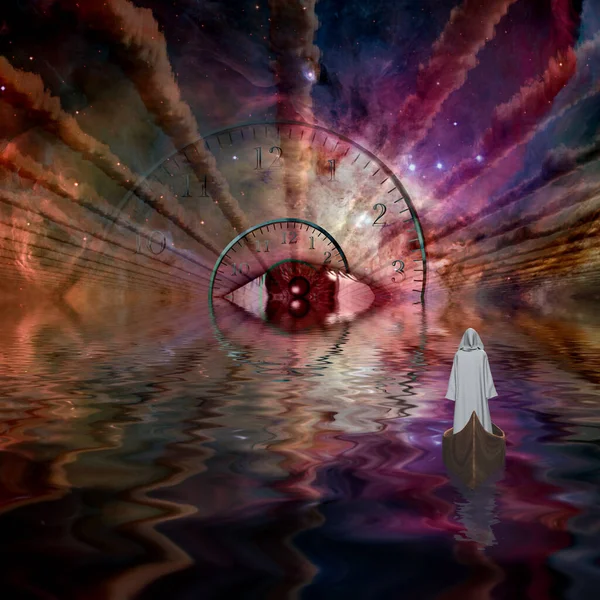 Фигура Белом Халате Плывущем Глазу Божьему Космическом Туннеле Рендеринг — стоковое фото