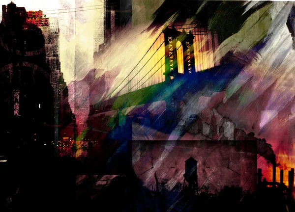 曼哈顿大桥黑暗色彩的戏剧画 — 图库照片