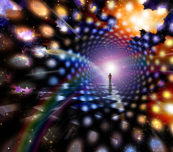 Man Path Journey Colorful Light Tunnel — Stock Photo, Image