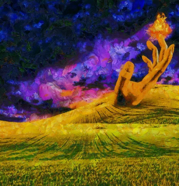 Surreal Landscape Giant Sculpture Hand Fire Rendering — Stock Photo, Image