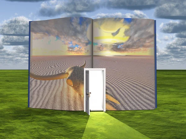 Surrealisme Boek Met Geopende Deur Schedel Een Woestijn — Stockfoto