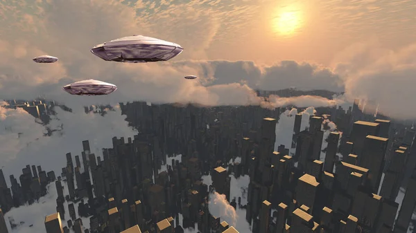 Flying Saucers Futuristic Megapolis Dusk — Stock Photo, Image