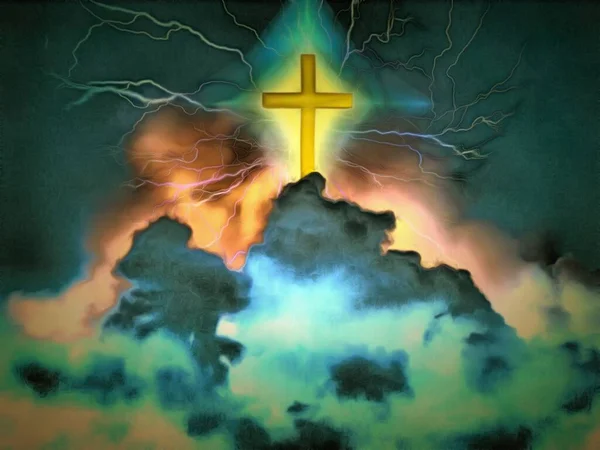 Pittura Surreale Croce Splendente Fulmini Nel Cielo Nuvoloso — Foto Stock