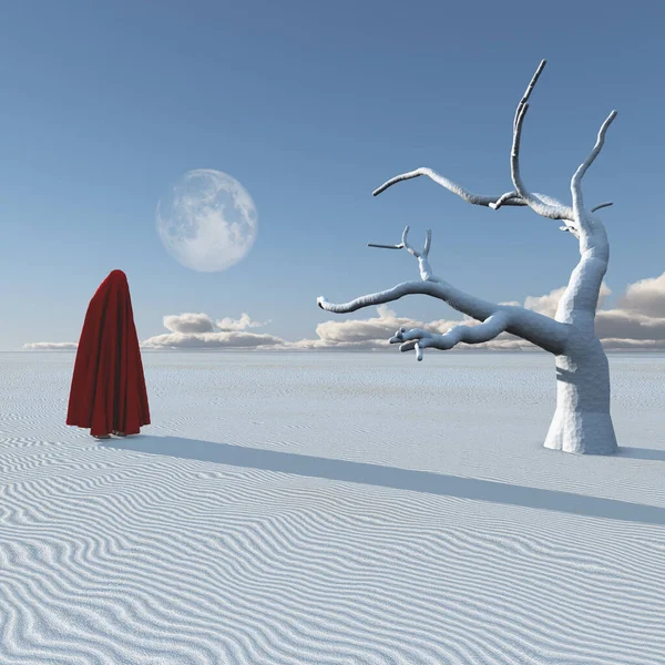 Figure Red Hijab Stands Surreal White Desert — Stock Photo, Image