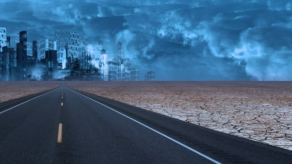 Desert Road Leads City Rendering — Stock Photo, Image