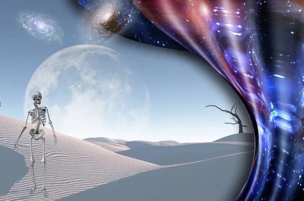 超现实的白色沙漠 有枯树 星系和大月亮在地平线上 骷髅象征着死亡 弯曲的空间 — 图库照片