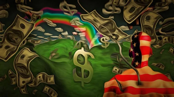超现实的绘画 穿着美国国色服的男人上钩了 美元符号形状的云彩 美元的雨 — 图库照片