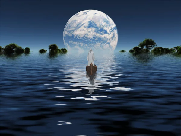Figur Hvit Kappe Båt Med Blå Planet Horisonten – stockfoto