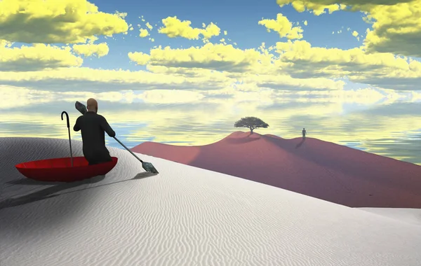 Surreal Painting Man Red Umbrella Floating White Desert Figure Man — Stock Photo, Image